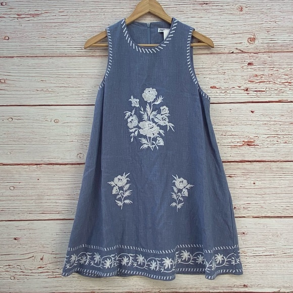 NWT Zara Blue Chambray Embroidered Tent Mini Dress Sz S - Picture 6 of 16